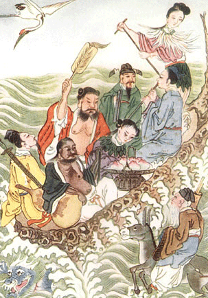 The Eight Immortals crossing the sea. Clockwise in the boat starting from the stern: He Xiangu, Han Xiang Zi, Lan Caihe, Li Tieguai, Lu Dongbin, Zhongli Quan, Cao Guojiu and outside the boat is Zhang Guo Lao.